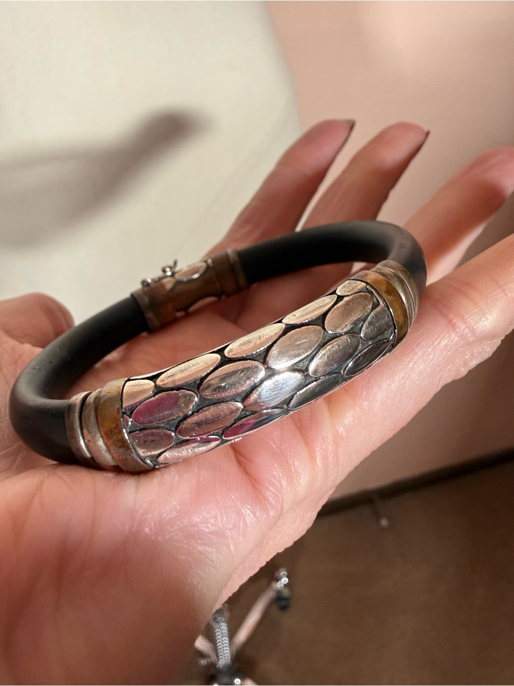 Vintage Bali Yanvan Sterling Silver Copper Black Cord Unisex Bracelet 9 inches